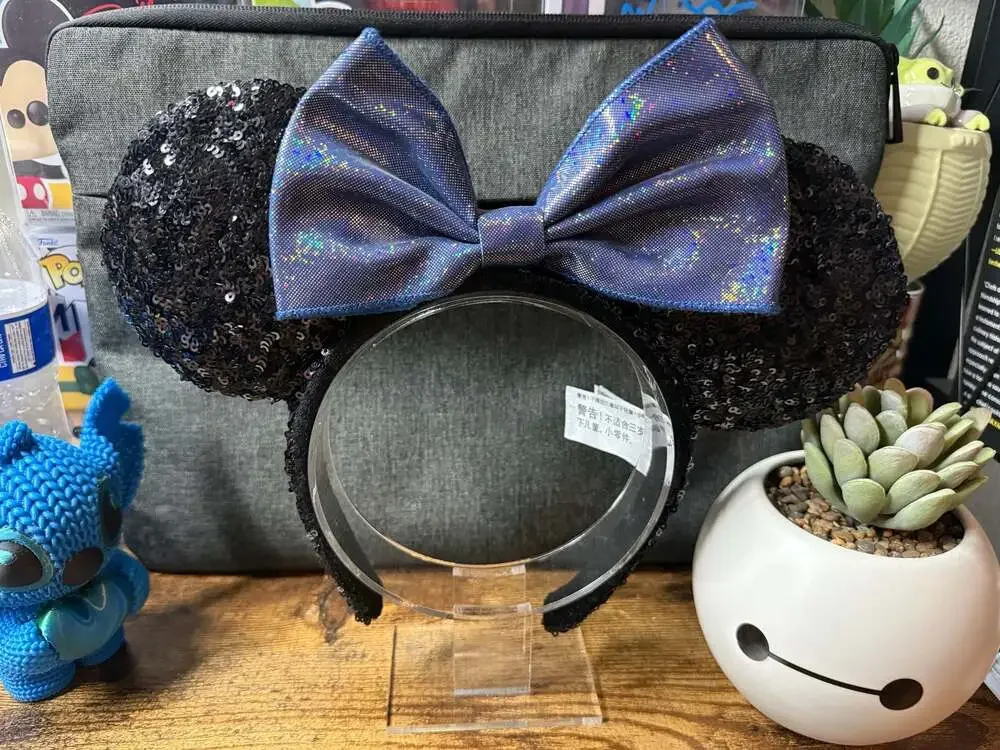 EUC Disney Parks Black Sequin Ears Headband with Shimmery Blue Bow